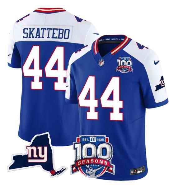 Men's New York Giants #44 Cam Skattebo Royal/White 2025 Draft F.U.S.E. 100th Season & State Patch Vapor Limited Stitched Football Jersey